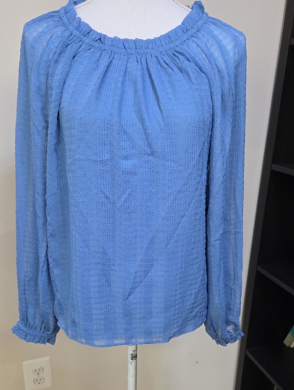 Ann Taylor Sky Blue Textured Sheer Long Sleeve Peasant Top Blouse